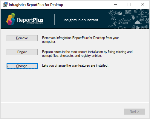 Step Two: In the ReportPlus Installer Click Change Button